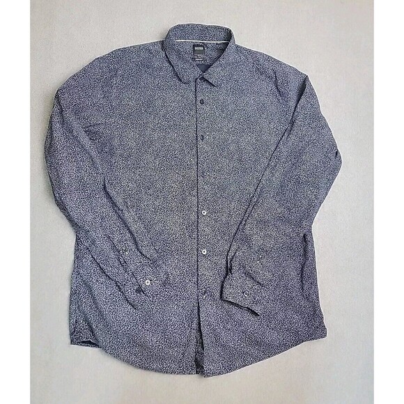 Hugo Boss Shirt Mens XL Button Navy Blue White Micro Print Busy Cotton Preppy - Picture 1 of 15